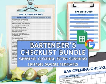 Bar Checklist Bundle, Editable Templates for Bartenders, Opening, Closing, Weekly Cleaning Checklists, Edit with Google Sheets, Customizable
