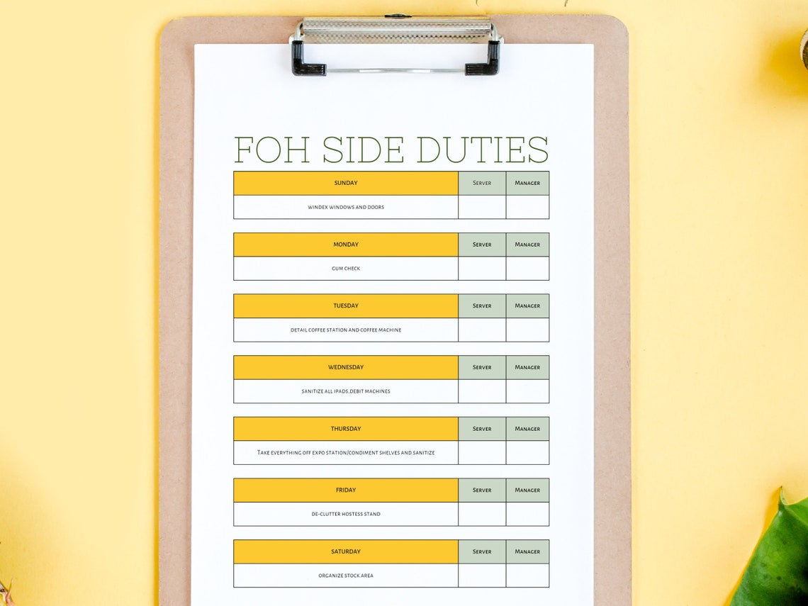 Server Extra Cleaning Checklist Template, Server Side Duty Checklist ...