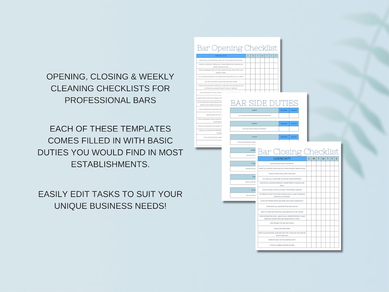 Bartender Checklist Bundle, Editable Bar Checklist Bundle, Opening