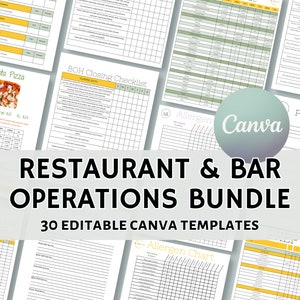 Restaurant Operations Template Bundle, Food Safety Record Sheets, Prep List, Order Guide, Bartender & Server Checklists, Editable with Canva