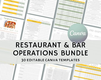Restaurant Operations Template Bundle, Food Safety Record Sheets, Prep List, Order Guide, Bartender & Server Checklists, Editable with Canva