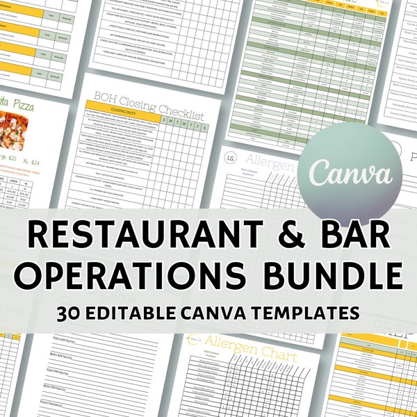 Restaurant Operations Template Bundle, Food Safety Record Sheets, Prep List, Order Guide, Bartender & Server Checklists, Editable with Canva