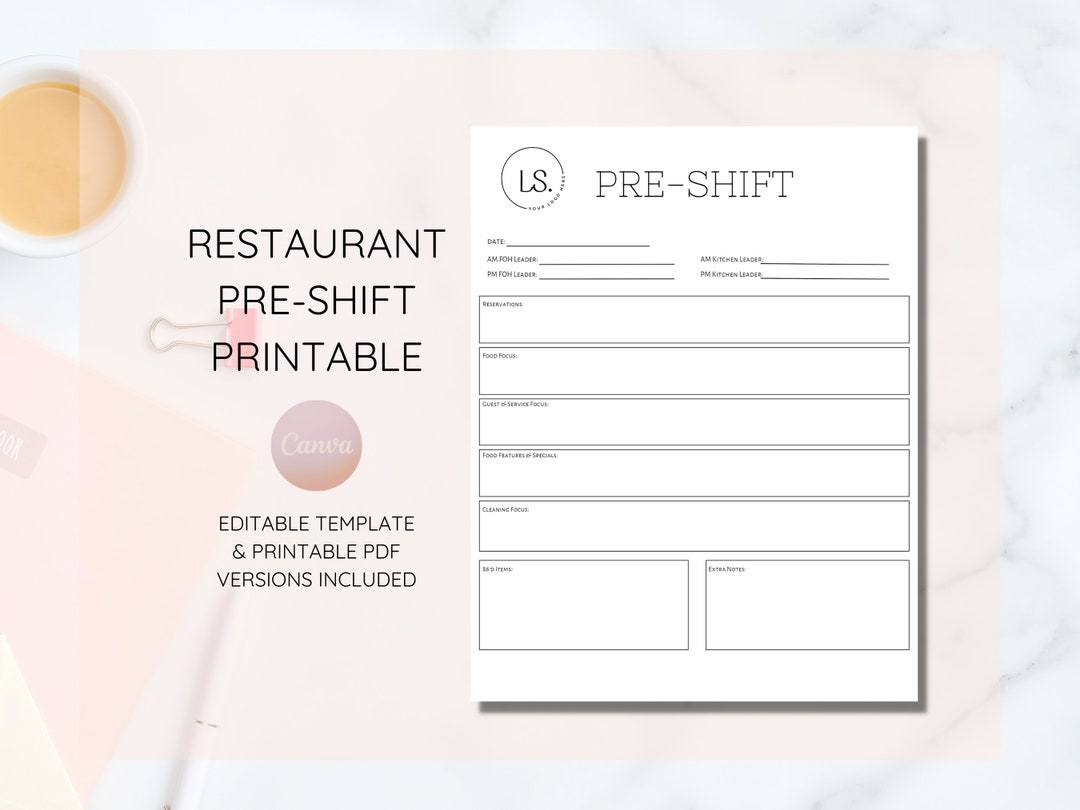 Preshift for Restaurants, Editable Pre Shift Template, Restaurant Preshift for Restaurants, Editable Pre Shift Template, Restaurant