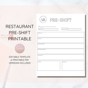 Pre-Shift for Restaurants, Editable Pre Shift Template, Restaurant Forms, Instant Download, Edit Free with Canva, Print Only PDF Included