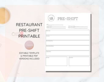 Pre-Shift for Restaurants, Editable Pre Shift Template, Restaurant Forms, Instant Download, Edit Free with Canva, Print Only PDF Included