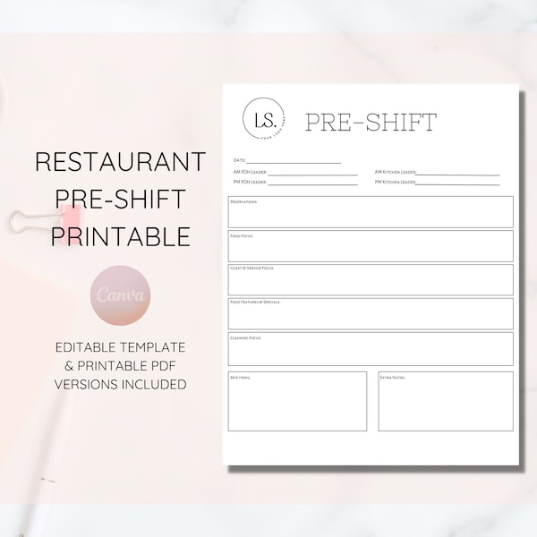 Pre-Shift for Restaurants, Editable Pre Shift Template, Restaurant Forms, Instant Download, Edit Free with Canva, Print Only PDF Included