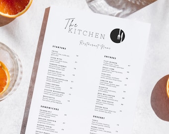 Minimalist Menu Template for Bars & Restaurants, Edit for Free with Canva, Customize to Your Menu, Easily Edit and Print from Home or Office