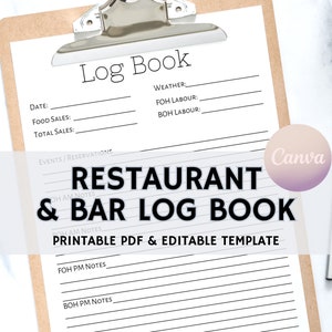 Restaurant Log Book, Industry Review Journal, Day Book, Manager Log Book, Instant Download, PDF Printable and Canva Editable Template