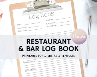Restaurant Log Book, Industry Review Journal, Day Book, Manager Log Book, Instant Download, PDF Printable and Canva Editable Template