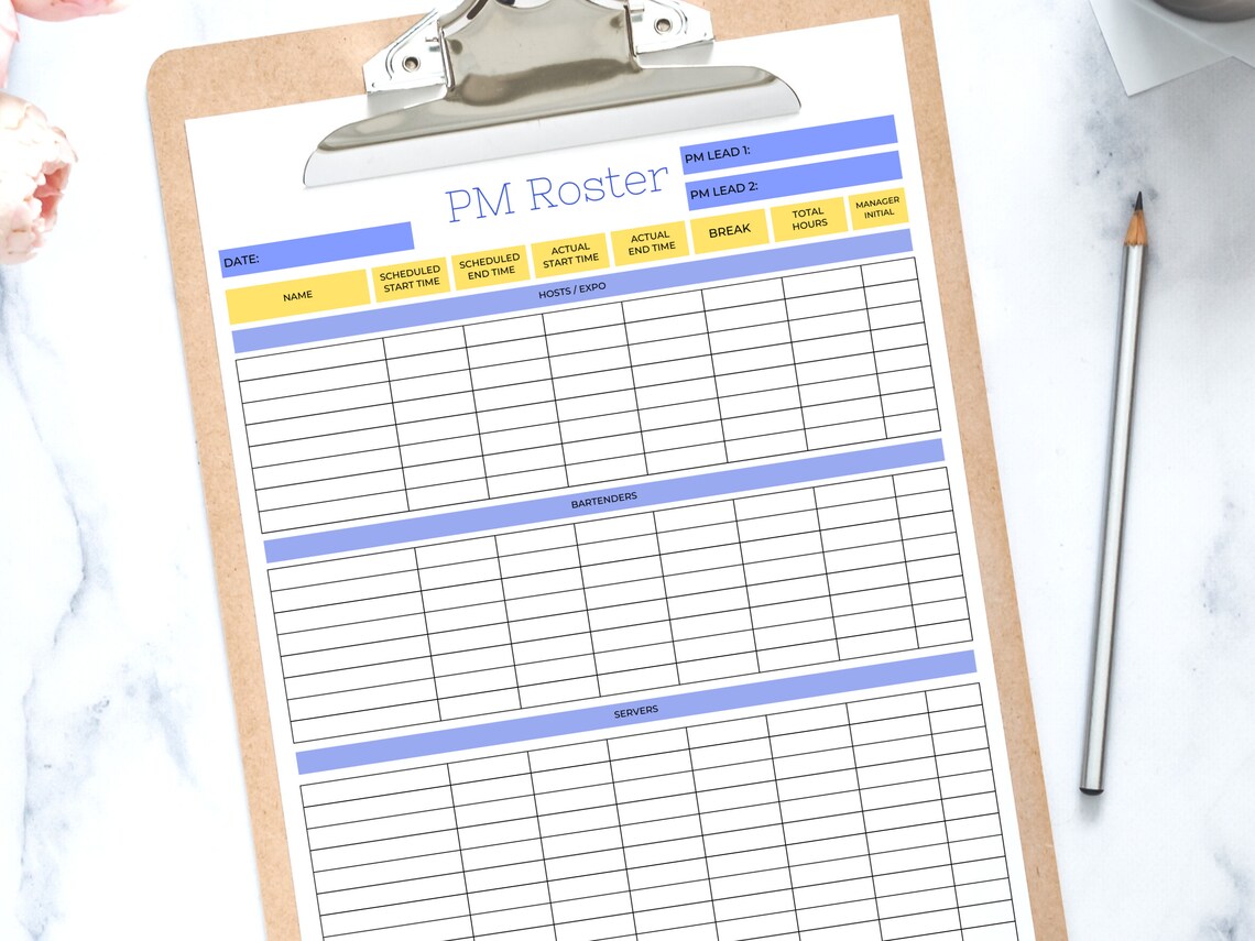 Large Daily Restaurant Roster, Printable FOH Daily Schedule, Service ...