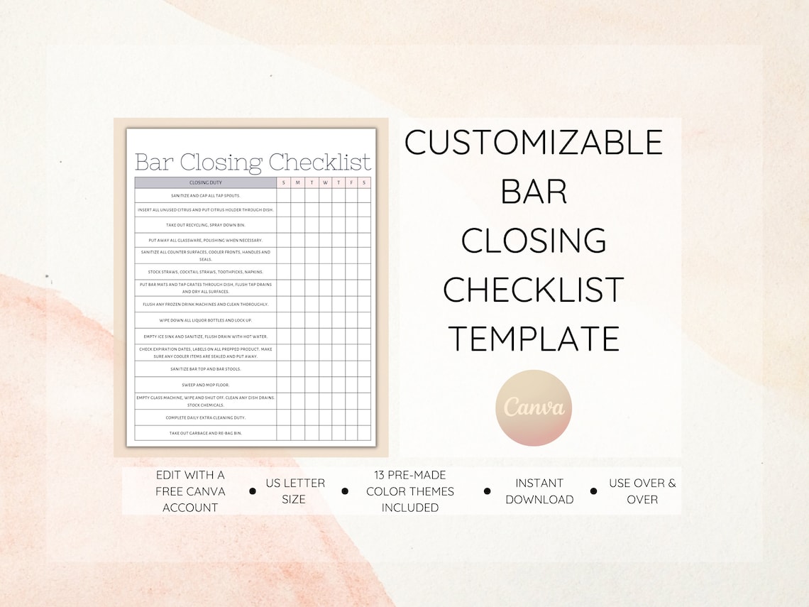 Bar Closing Checklist Restaurant Bar Cleaning List Bar Etsy