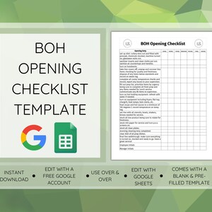 May include: A Google Sheets template for a BOH opening checklist. The checklist includes tasks such as setting up the dish, cutlery bins, and cleaning the food prep area. The template is available for instant download and can be edited with a free Google account.