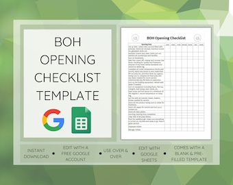 Lista de verificação de abertura BOH, modelo de lista de verificação de abertura de cozinha, modelo de cozinha editável, editar com planilhas do Google, Google Docs, lista de restaurantes