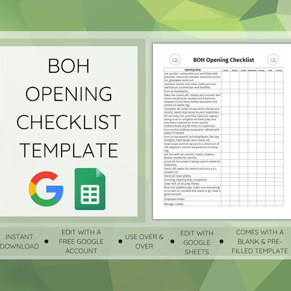 BOH Opening Checklist, Kitchen Opening Checklist Template, Editable Kitchen Template, Edit with Google Sheets, Google Docs, Restaurant List