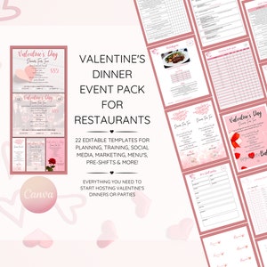 Könnte beinhalten: Ein rosa-weißes Valentinstags-Dinner-Event-Paket für Restaurants. Das Paket enthält 22 editierbare Vorlagen für Planung, Schulung, Social Media, Marketing, Menüs, Vor-Schichten und mehr. Der Text auf dem Bild lautet "Valentinstags-Dinner-Event-Paket für Restaurants".