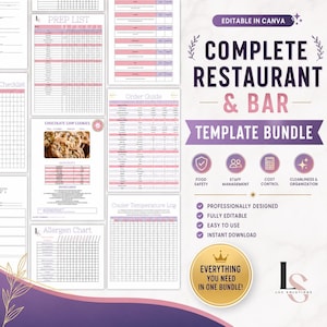 May include: A digital template bundle for restaurants and bars featuring various printable documents including a prep list, order guide, cooler temperature log, allergen chart, and a chocolate chip cookie recipe card with pink and purple accents.