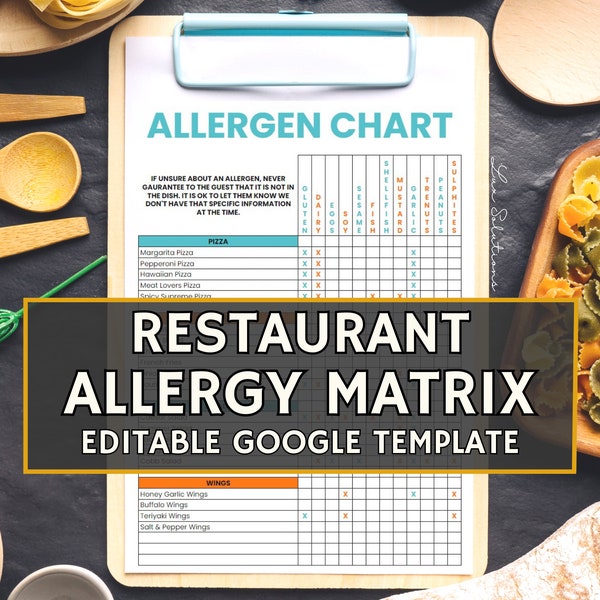 Allergen Chart for Food Service, Allergen Matrix, Editable Google Template, Allergy Awareness, Food Safety for Professional Kitchens