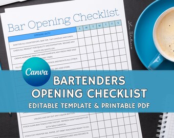 Bar Opening Checklist, Restaurant Bar Cleaning list, Bar Templates, Restaurant and Bar Editable Templates, Cafe Template, Instant Download