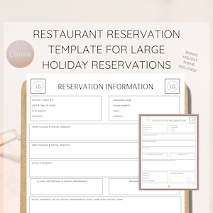Restaurant Reservation Sheet for Large Groups and Special Holiday Menu's, Editable Reservation Template, Instant Download, Canva Template
