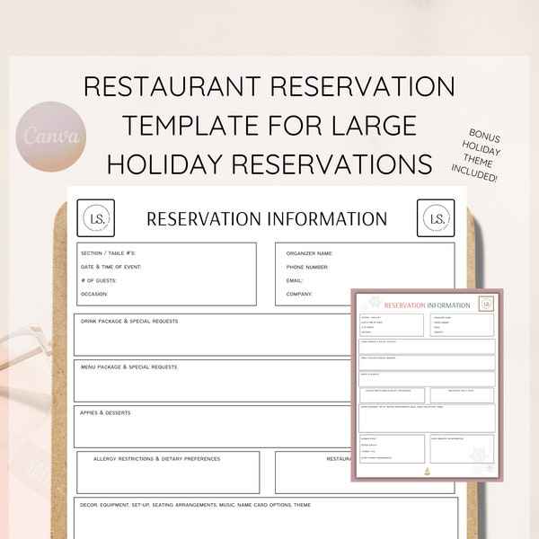 Restaurant Reservation Sheet for Large Groups and Special Holiday Menu's, Editable Reservation Template, Instant Download, Canva Template