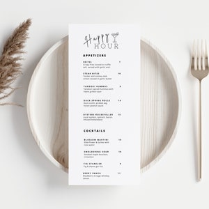 Plantilla de menú Happy Hour, Plantilla de menú minimalista para restaurantes y bares, Menú de cócteles y comida, Editable con Canva, Herramientas de restaurante