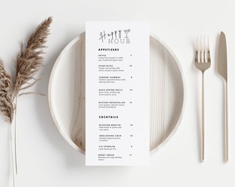 Happy Hour Menu Template, Minimalist Menu Template for Restaurants and Bars, Cocktail and Food Menu, Editable with Canva, Restaurant Tools
