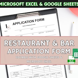 May include: A printable restaurant and bar application form template in an Excel spreadsheet format. The form is editable with Google Sheets and Microsoft Excel. The form includes sections for personal information, education history, and availability.