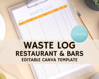 Food Waste Log, Bar Waste Log, Editable Restaurant Template, 4 Print Only PDF&#39;s Included, Instant Download, US Letter Size, Canva