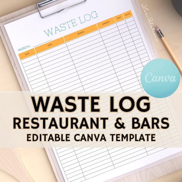 Food Waste Log, Bar Waste Log, Editable Restaurant Template, 4 Print Only PDF's Included, Instant Download, US Letter Size, Canva