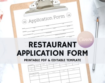 Restaurant Application Form, Editable Application Template, Application Form, Instant Download, Edit Free with Canva, Printable PDF
