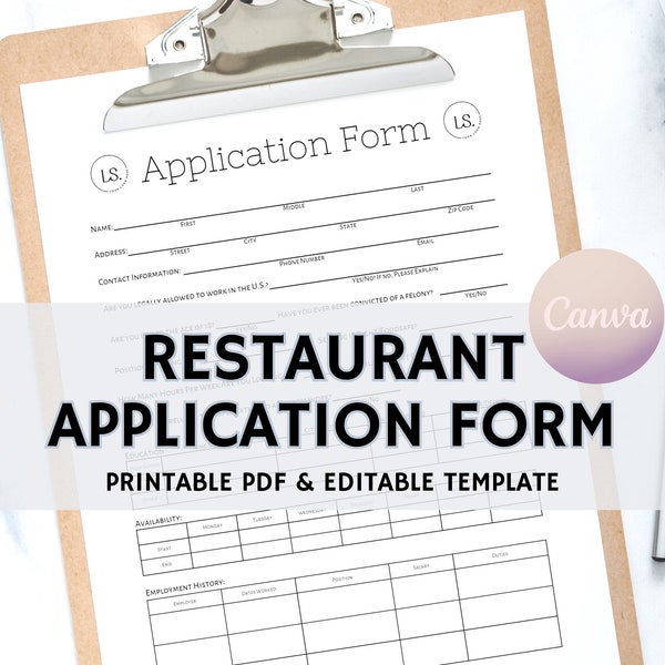Restaurant Application Form, Editable Application Template, Application Form, Instant Download, Edit Free with Canva, Printable PDF