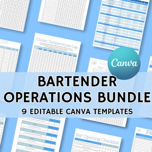 May include: Nine editable Canva templates for bartenders, including a waste log, cooler temperature log, bar closing checklist, prep list, and bar opening checklist. The templates are designed in a blue and white color scheme with a Canva logo.