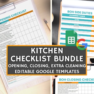 Ensemble de listes de contrôle pour la cuisine, modèles modifiables pour les cuisines professionnelles, ouverture, fermeture, listes de contrôle de nettoyage hebdomadaire, modèle Google Sheets