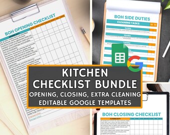 Kitchen Checklist Bundle, Editable Templates for Professional Kitchens, Opening, Closing, Weekly Cleaning Checklists, Google Sheets Template