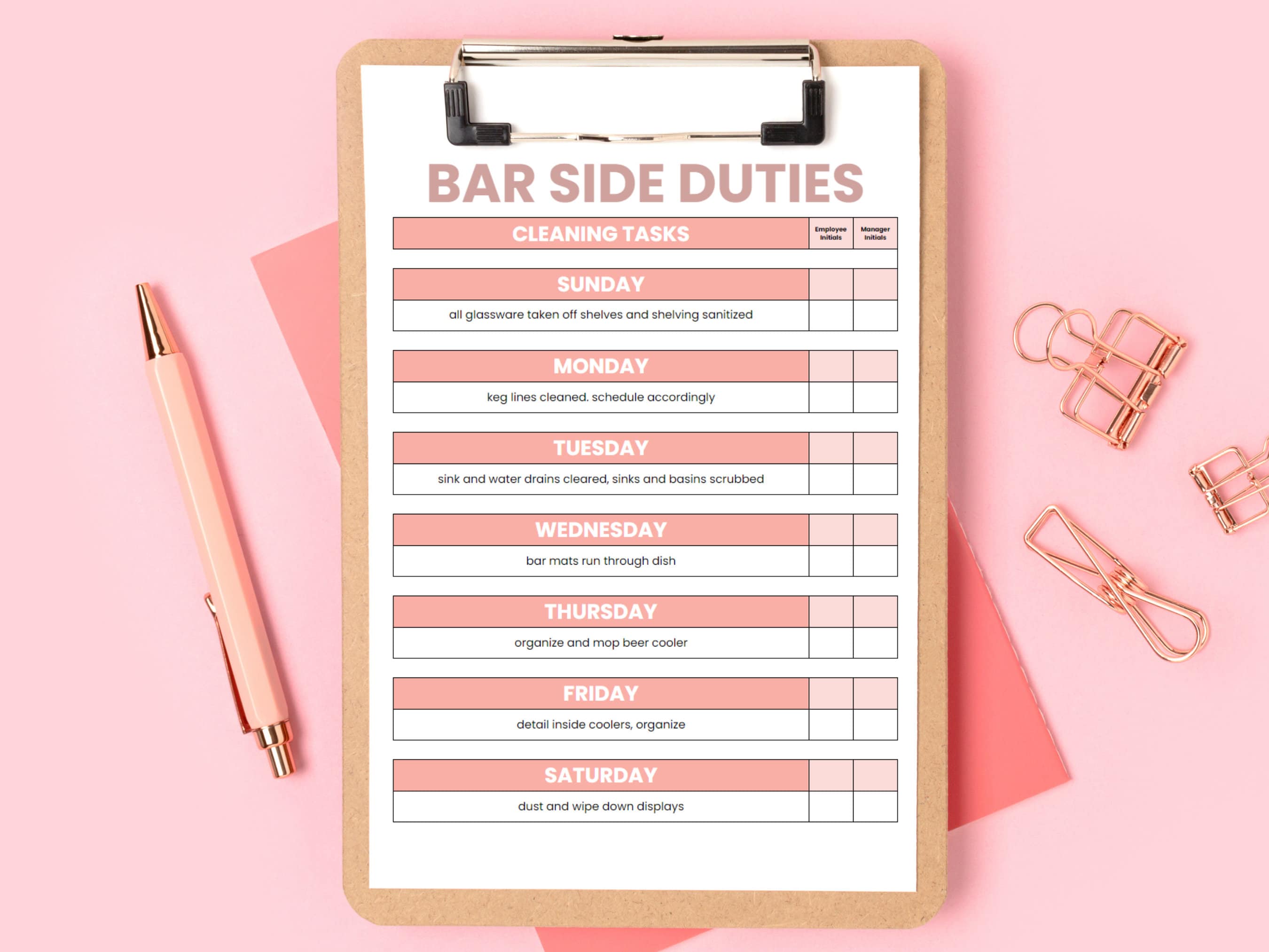 Bartenders Weekly Cleaning Checklist, Editable Template for Bar ...