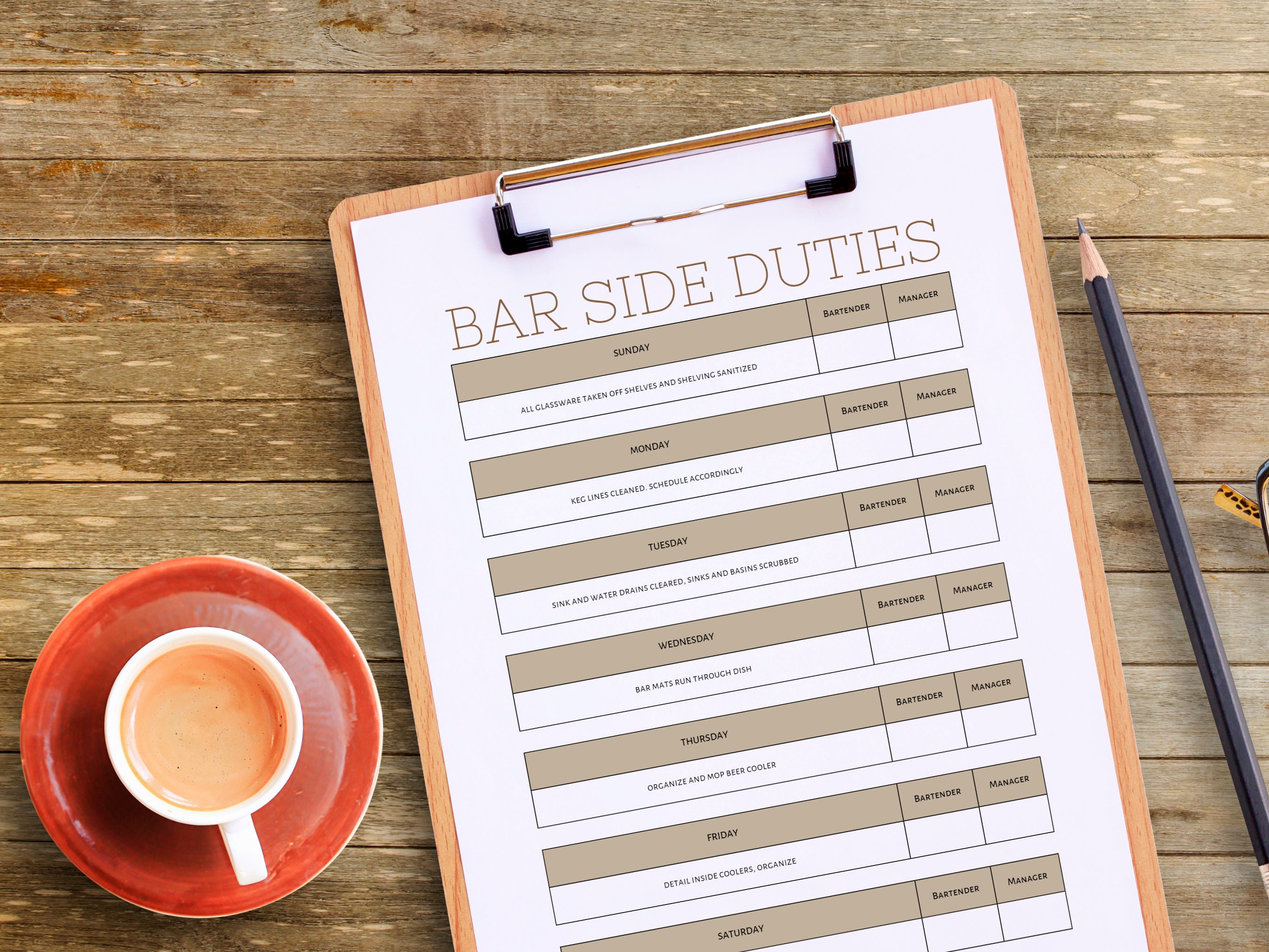 Bar Side Duties Checklist Bartender Checklist Bar Side Work Etsy
