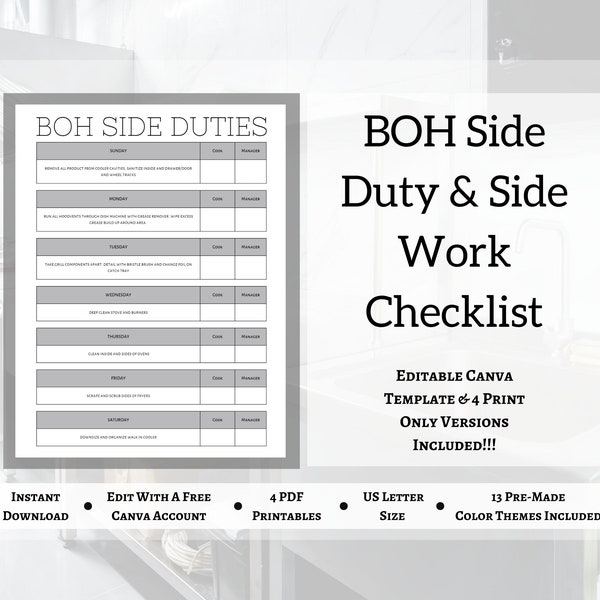 BOH Side Duty Chart, Kitchen Side Work Checklist, Editable Template Free with Canva, 4 Print Only PDF's Included, Instant Download