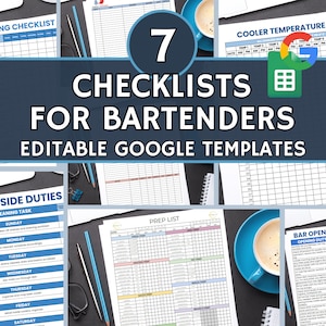 Bar Management Vorlagen-Bundle, Barkeeper-Betriebs-Checklisten-Bundle, kostenlos bearbeiten mit Google Sheets, Sieben Vorlagen für tägliche Bar-Aufgaben
