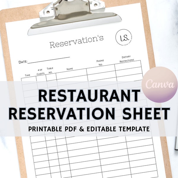 Restaurant Reservation Sheet, Editable Reservation Template, Reservation Form, Instant Download, Edit Free with Canva, Printable PDF