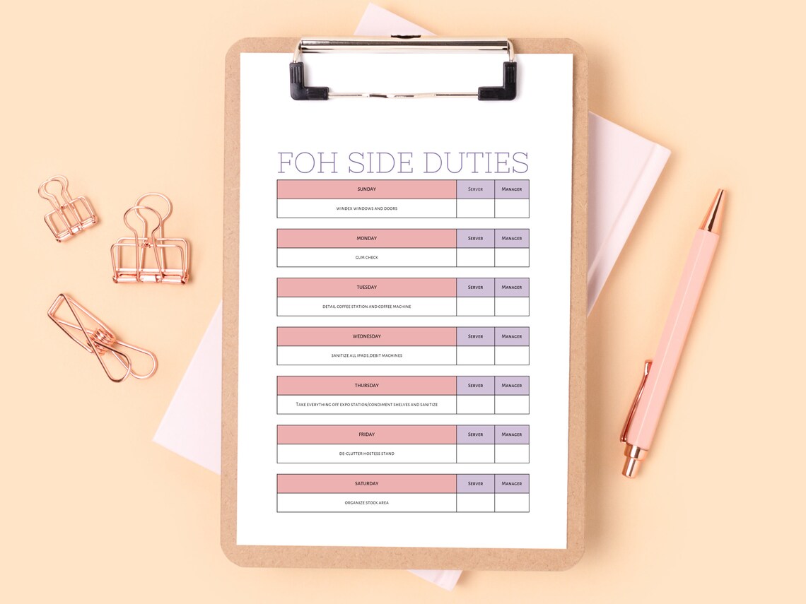 Server Extra Cleaning Checklist Template, Server Side Duty Checklist ...