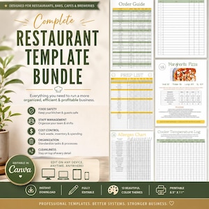 Puede incluir: Un paquete de plantillas digitales para restaurantes que incluye guía de pedidos, lista de preparación, tabla de alérgenos y registro de temperatura. El documento contiene texto como Complete Restaurant Template Bundle y 21,6 cm por 27,9 cm.