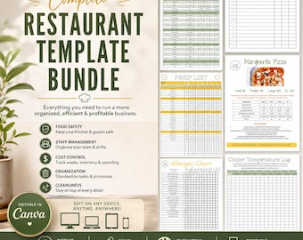 Pacchetto di modelli per le operazioni di ristorante / 30 modelli modificabili per ristoranti e bar / Moduli di gestione del ristorante Canva / Liste di controllo per la cucina / Di