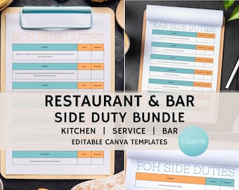 Restaurant Side Duty Template Bundle, Extra Cleaning Lists, Edit Free with Canva, Restaurant Side Work, HACCP Forms, Kitchen, Service, Bar
