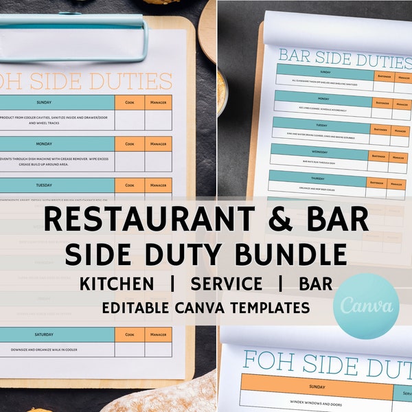 Restaurant Side Duty Template Bundle, Extra Cleaning Lists, Edit Free with Canva, Restaurant Side Work, HACCP Forms, Kitchen, Service, Bar