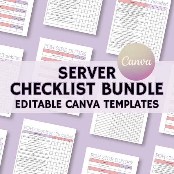 Professional Server Checklist Bundle, Easy to Edit Templates, Opening, Closing, Side Duties, 13 Pre-Designed Color Themes, Instant Download