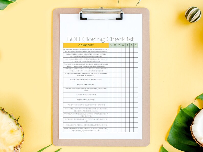 BOH Closing Checklist Template Editable Kitchen Template for Etsy
