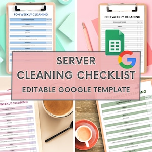 May include: A pink and green printable server cleaning checklist template for Google Sheets. The template includes a list of cleaning tasks for each day of the week. The image also shows a cup of coffee and a wooden table.