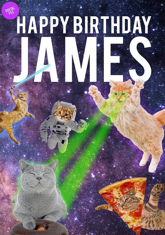 Cats in Space Custom Personalised Birthday Card Funny Birthday Card Greeting Card Cute Note Anytime Card Silly Cat Lover