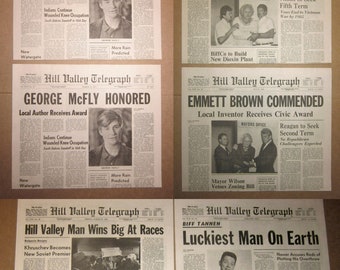 Back to the Future Part II - Doc Brown / George McFly / Biff Tannen - Hill Valley Telegraph Prop Newspaper Replicas - Set of 8