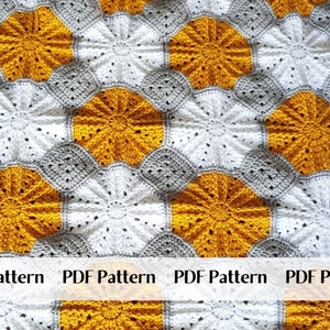 May include: A crochet blanket with a repeating pattern of yellow, white, and gray octagons. The blanket is made with a textured stitch that creates a raised effect. The text "PDF Pattern" is repeated four times across the bottom of the image.